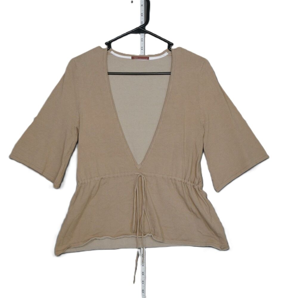 525 America Women MED Peplum Cinched Waist Tie V-Neck Plunge Top Blouse